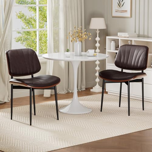 REONEY Dining Chairs Set of 4, Mid-Century Modern Kitchen Chairs, Brown - color: Dark Brown Shell Strips