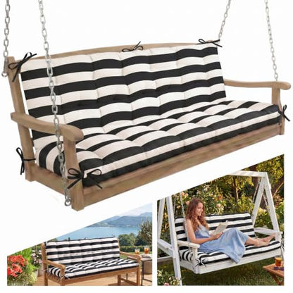 Oxford Fabric Swing Cushions with Backrest & Tie Straps for Patio Bench - color: Black-white Stripe