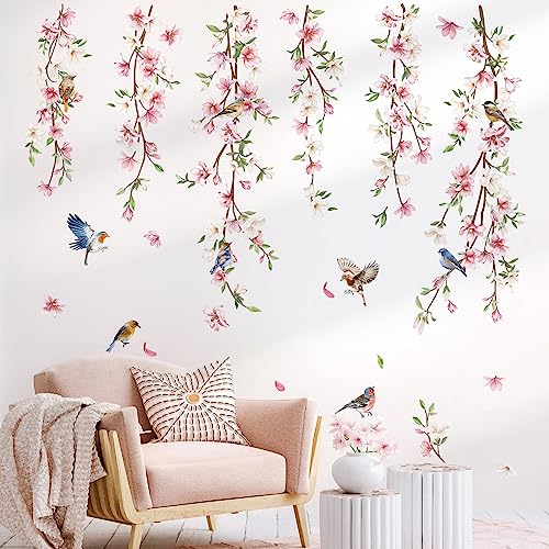decalmile Pink Flower Vine Leaves Birds Sofa TV Wall Decals Stickers - color: A