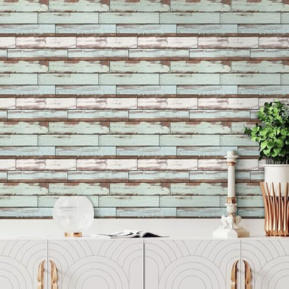 COMSTICKC 3D Peel and Stick Faux Wood Wall Sticker, 10 Pcs 11.8" x 11.8" - color: Green