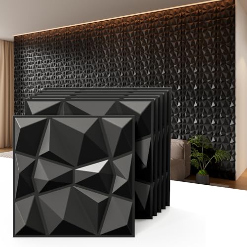 INMOZATA 3D Wall Panels, Diamond Textured PVC Accent Wall Panels - color: B_Black