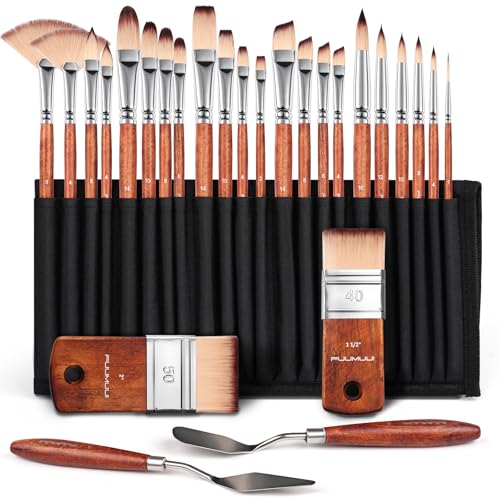 26pcs Paint Brush Set, Fuumuui Professional Acrylic Paint Brushes Complete Range of Sizes with Upgraded Short Handle Wide Flat Paintbrush for Acrylic, Oil, Watercolor and Gouache - color: Red