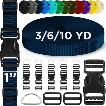 TECEUM 1" Nylon Strap Kit with Buckles, Navy Blue 6 yards Repair Set - color: Navy Blue, size: 1" - 6 yards, style: 6 Buckle - 12 Slides - 6 D-rind