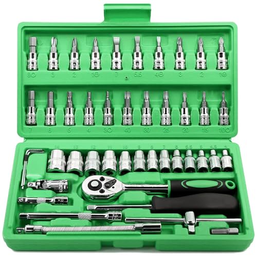 Egofine 46 Pieces 1/4 inch Drive Socket Ratchet Wrench Set, with Bit Socket Set Metric and Extension Bar for Auto Repairing and Household, with Green Storage Case - color: Green, size: 1/4" 46 PCS
