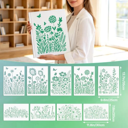 Large Reusable Flower Wall Stencils for Painting & Crafts, 9-Pc Kit