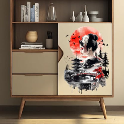Peacoblue Geisha Landscape Rub On Transfers for Furniture 6"x12" - style: Geisha and Japanese Landscapes