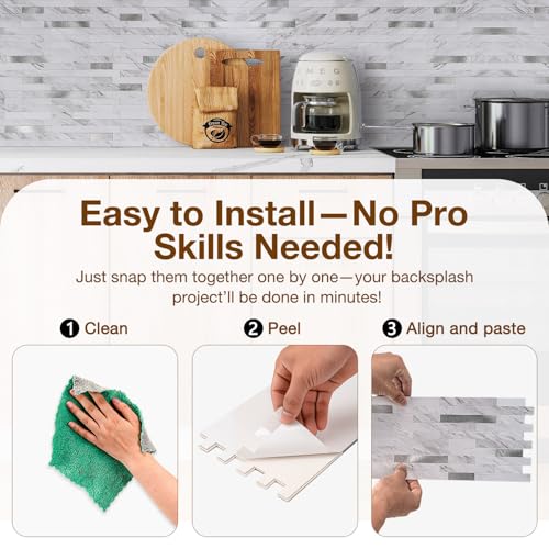 Peel and Stick Backsplash Tile Waterproof Removable PVC Wall Sticker 3D Faux Stone Marble Brick White Accent Panels (White Marble - Metal Silver, 20 Tiles - 9 sq. ft. (0.84 M²)) - color: White Marble - Metal Silver, size: 20 Tiles - 9 sq. ft. (0.84 M²)