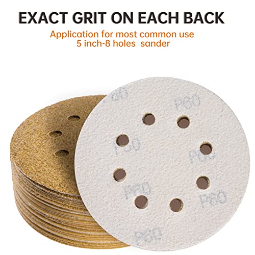 ZKH 100 PCS 5 Inch Sanding Discs, 8 Hole Hook and Loop Sanding Discs 60/80/120/180/240/320/400 Assorted Grits Sandpaper for Random Orbital Sander, Golden