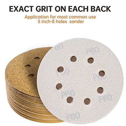 ZKH 100 PCS 5 Inch Sanding Discs, 8 Hole Hook and Loop Sanding Discs 60/80/120/180/240/320/400 Assorted Grits Sandpaper for Random Orbital Sander, Golden