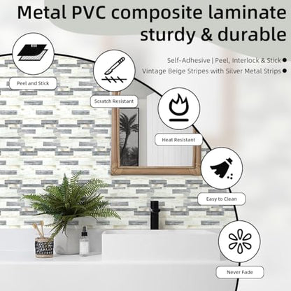 Yew & Tulip Peel and Stick Backsplash Wall Tile, 10-Sheet Metal PVC Mosaic Tiles for Kitchen Backsplash, Beige Wood Grain PVC Mixed Metal Self Adhesive Mosaic Tile (10 PCS/Box, Beige Strip) - color: Beige Strip