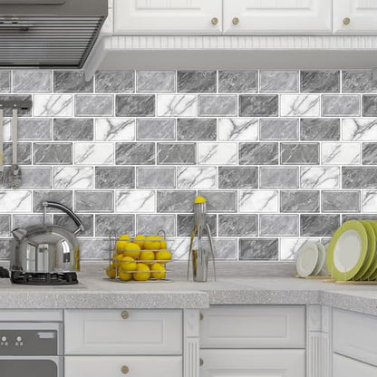 URCOLOR 10-Sheet Peel and Stick Backsplash Tile Sticker for Kitchen,12"x12" Self Adhesive Subway Wall Tiles Stick on Back Splashes for Bathroom White Gray Marble Design - color: White Gray Marble