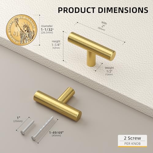 Goldenwarm 10 Pack Gold Cabinet Knobs Brushed Brass Cabinet Knobs, 2Inch - color: ‎Brushed Brass