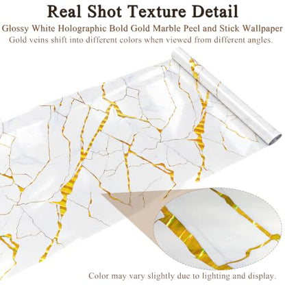 White Holographic Bold Gold Marble Peel&Stick Wallpaper 47.2x394in - color: White Holographic Bold Gold Marble, size: 47.2" x 394"