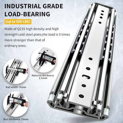 YENUO Heavy Duty Drawer Slides Full Extension Ball Bearing 12–60 Inch 500LB - size: 12 Inch, style: Load:500 lb (No lock) -W:76mm
