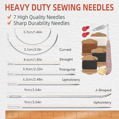 Upholstery Repair Kit: Extra Strong Waxed Sewing Thread 4 Rolls (3 Colors) &Heavy Duty Household Hand Needles (7 PCS) for Leather, Canvas, Bookbinding & Quilting Thread - color: Black, white, brown