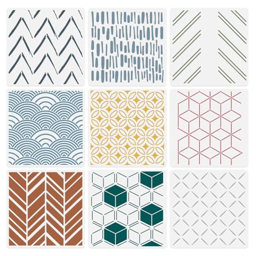 9Pcs Modern Geometric Wall Stencil Templates 11.8 x 11.8 Inch Reusable Plastic Simple Style Stencils for Painting on Wood Wall Floor Tile Fabric Glass Furniture, DIY Home Decor or Craft Stencil - style: Modern Geometric B