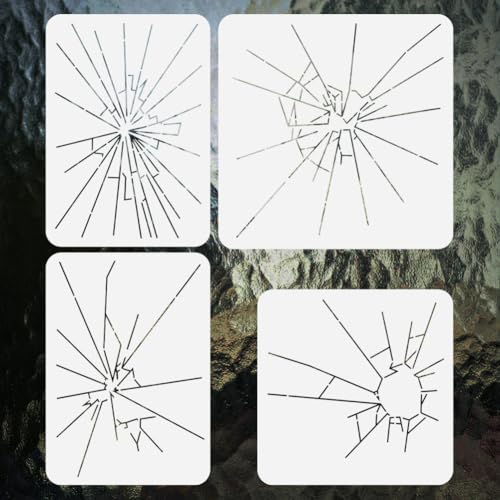 4Pcs Broken Glass Stencils for Painting, Reusable Shattered Glass Stencil Drawing Templates, Texture DIY Craft Paint Templates for Wall Home Decor Wood Burning Canvas Journal Window Fabric - style: Broken Glass