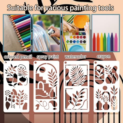 12 Sheets Boho Scene Stencil for Painting, Abstract Aesthetic Stencil Flower Leaf Sun Moon European Floral Drawing Stencils Reusable Art Template for Painting on Wall Wood Home Decor - style: Boho Scene