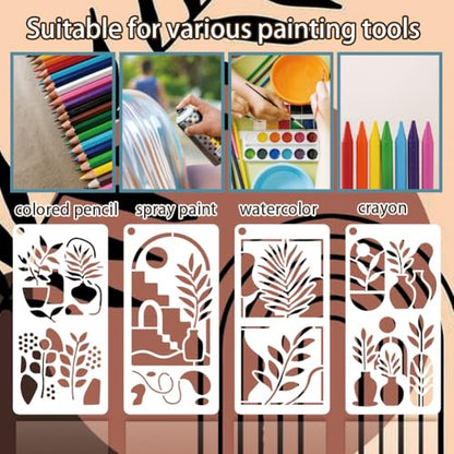 12 Sheets Boho Scene Stencil for Painting, Abstract Aesthetic Stencil Flower Leaf Sun Moon European Floral Drawing Stencils Reusable Art Template for Painting on Wall Wood Home Decor - style: Boho Scene