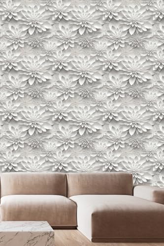 Peel and Stick Wallpaper White Gray Lotus Floral Feature - color: White& Gray, size: 17.7" x 393.7"
