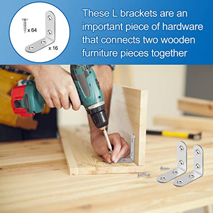 16 Pcs L Bracket Stainless Steel Corner Brace Sets, 90 Degree Right Angle Brackets with 64 Pcs Screws, L Bracket Firmware for Wooden Shelves, Chairs, Tables, Dressers, Furniture (Silver) - size: 16PCS | 40×40MM, style: Silver