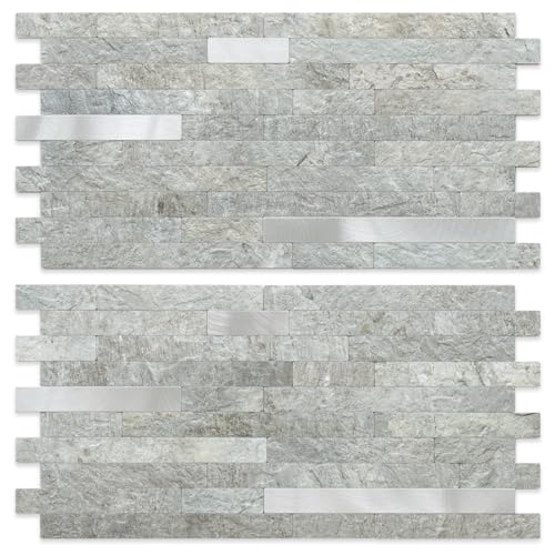 AULIGET 2 Sheets Mountain Rock Peel and Stick Backsplash, PVC Mixed Metal Gold Wall Tile Stick on Backsplash for Kitchen and Bathroom - color: Mountain Rock + Metal Silver, size: 2 Sheets, 6"x12"x0.12"