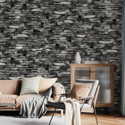Peel and Stick 3D Foam Stone Wall Panels, Self Adhesive Wallpaper - color: Black Rock, size: 20 PACK