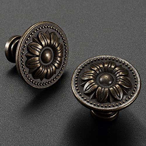 CHICTIE Set of 10 Vintage Kitchen Cabinet Knobs Pulls, Flower Drawer Knobs, Dresser Knobs, Antique Brass Pull Handles, Rustic Bronzed Door Knobs for Dresser Drawers, Zinc