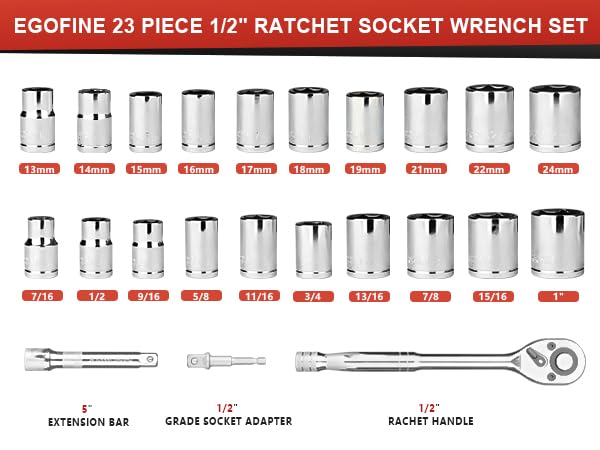 Egofine 1/2" Drive Socket Set, 23 Piece Standard SAE (7/16 to 1 inch) and Metric (13-19, 21, 22, 24mm) 6 Point, with Quick Release Ratchet, Extension Bars, Drive Drill Adapter - color: Red, size: 1/2" 23 PCS with 45 Teeth Ratchet