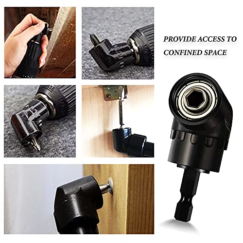 Right Angle Drill Attachment 1/4inch Hex Shank Right Angle Screwdriver Drill Bit Holder 105 Degree Drill Bit Extension Socket Adapter+ Flexible Drill Bit Extension-BLACK