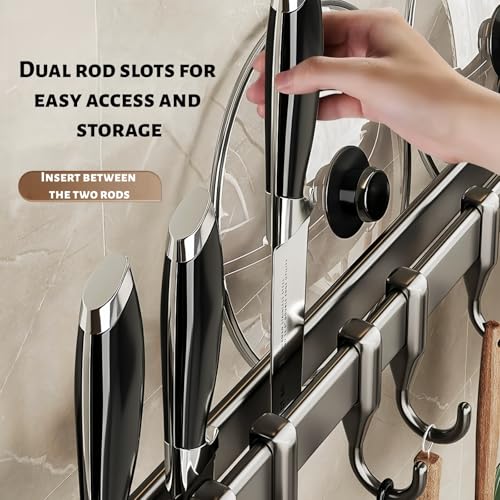 【No-Drill Adhesive for Kitchen】Utensil Rail with 8 Sliding Hooks – 11.8/15.75/19.69 Inch Rustproof Organizer for Pots, Lids & Tools, Scratch-Free Holder for Small Kitchens, Peel Off Without Damage - size: 11.81inch（30cm）