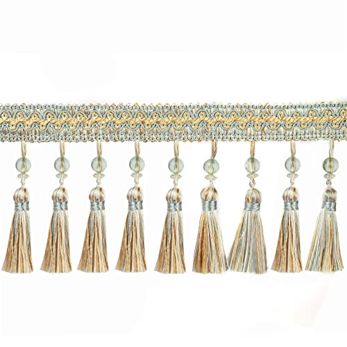 6.5 Yard Beads Tassel Handmade Fringe Trim Ribbon Trimming, 11Cm/4.3Inch Diameter Hand Knitting Tassel Fringing Trimmings for Decor, DIY - color: mix blue