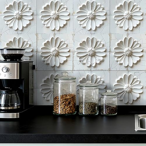 Livelynine 17.5x276 White 3D Peel and Stick Wallpaper Tiles Wall Covering Panels for Kitchen Basement Removable Modern White Bathroom Ceiling Wallpaper Waterproof 3D Floral Contact Paper for Walls - size: 17.5" x 276"