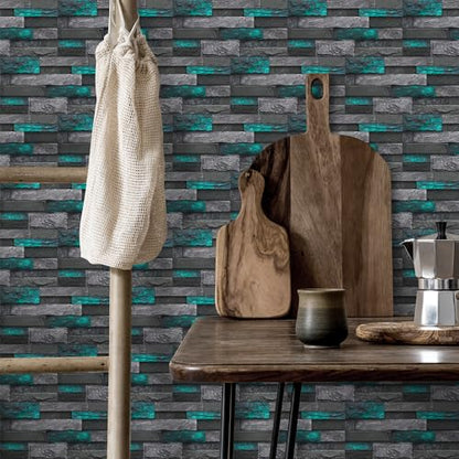 Alwayspon 24Pcs 12x6inch Peel&Stick Wall Sticker Vinly Wallpaper, Waterproof Backsplash for Kitchen Bathroom, Self-Adhesive Tile Transfers Decal Stick on Tiles with Green Stone Brick Effect - color: Fg-l08, size: 24 Pcs