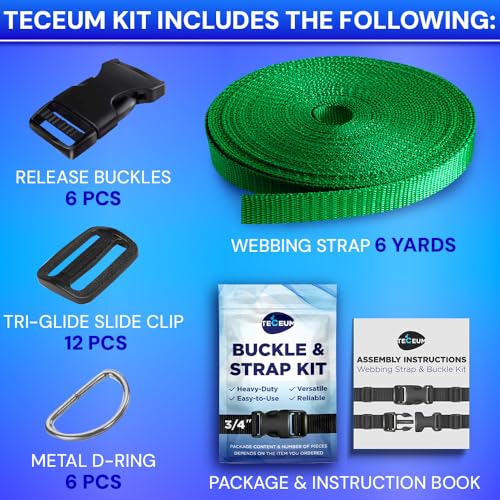 TECEUM 3/4" Nylon Strap Kit with Buckles, Green 6 yards Repair Set - color: Green, size: 3/4" - 6 yards, style: 6 Buckle - 12 Slides - 6 D-rind