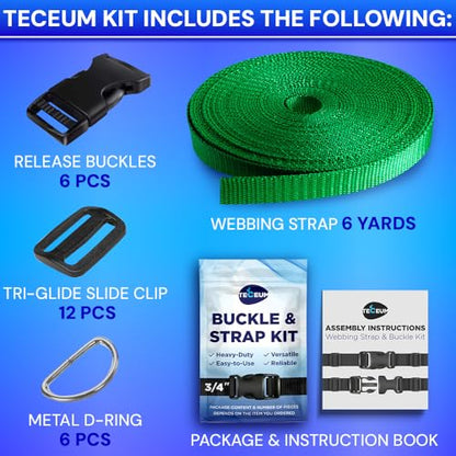 TECEUM 3/4" Nylon Strap Kit with Buckles, Green 6 yards Repair Set - color: Green, size: 3/4" - 6 yards, style: 6 Buckle - 12 Slides - 6 D-rind