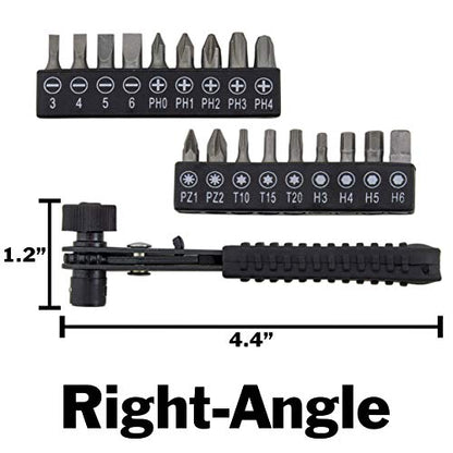 Right Angle Close Quarters Ratcheting Reversible Screwdriver Set with 18 Bits by EX ELECTRONIX EXPRESS