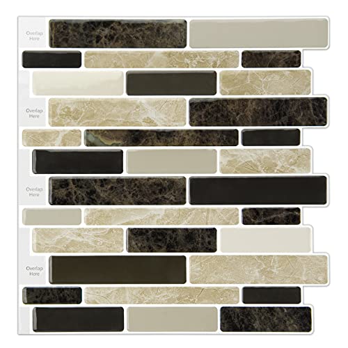 LONGKING 10-Sheet Brown Peel and Stick Backsplash Tile for Kitchen, Vinyl Stick on Tile Stickers for Wall, Kitchen, Bathroom, Counter Top - color: Sandstone Brown