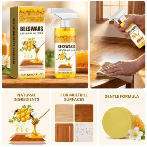 Beeswax Wood Polish Spray, Beeswax Essential Oil Wax for Furniture & Floor Cleaning, Restores Shine, Protects and Conditions Wood Surfaces