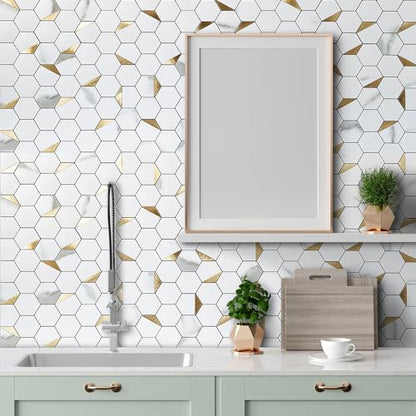 DICOFUN 10-Sheet Hexagon Tile Peel and Stick Backsplash, White Marble Look PVC Mixed Golden Metal Mosaic Tiles for Kitchen and Bathroom - color: Marble White + Gold Metal Chip, size: 10 Sheets, 12''x12''x0.12''