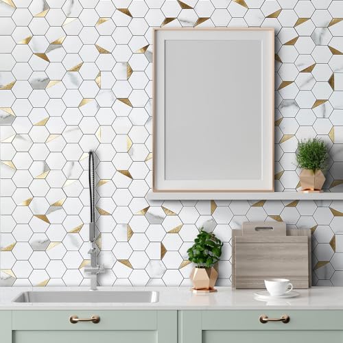DICOFUN 10-Sheet Hexagon Tile Peel and Stick Backsplash, White Marble Look PVC Mixed Golden Metal Mosaic Tiles for Kitchen and Bathroom - color: Marble White + Gold Metal Chip, size: 10 Sheets, 12''x12''x0.12''