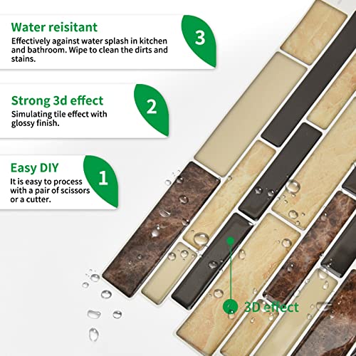 LONGKING 10-Sheet Brown Peel and Stick Backsplash Tile for Kitchen, Vinyl 3D Self-Adhesive Tile Stickers for Kitchen, Bathroom, Counter Top - color: Tan
