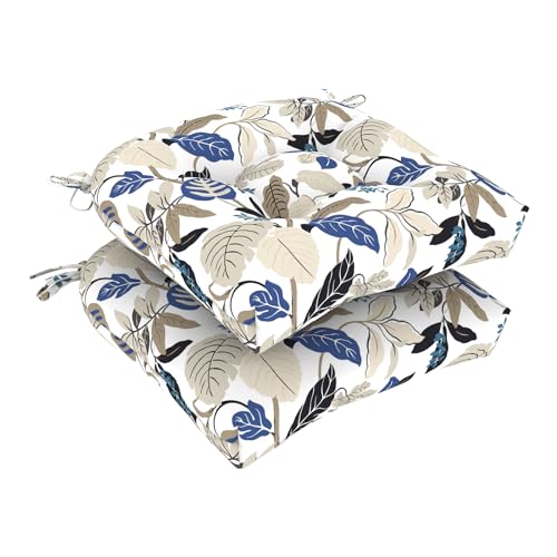 DYTXIII Set of 2 Outdoor Chair Cushions 19"x19"x4", Water Repellent Tufted Patio Seat Cushions with Ties, Thick Replacement Pads for Wicker Dining Chairs, Patio Furniture, Breeze Leaves Beige - color: Breeze Leaves Beige