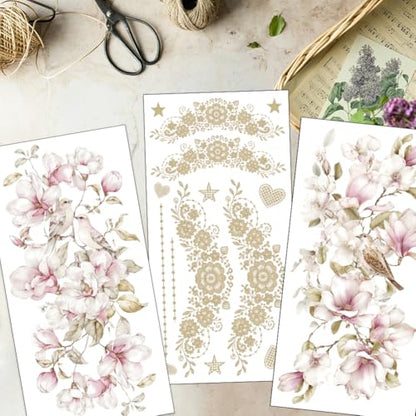OLYCRAFT 3Pcs Pink Magnolia Rub on Transfers for Furniture 6x12 Inch Love Birds Furniture Decals Decor Golden Lace Transfer Stickers with 1Pc Scraper for Valentine's Day Glass Cups Cabinets Decor - style: Love birds