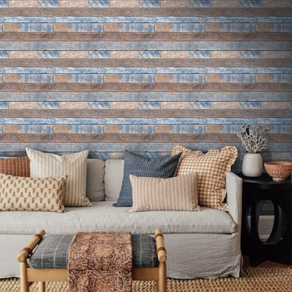 COMSTICKC 3D Peel and Stick Faux Wood Wall Sticker, 10 Pcs 11.8" x 11.8" - color: Brown-Blue