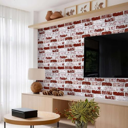 COMSTICKC 3D Faux Brick Wall Panels Peel and Stick, 10 Pcs 11.8" x 11.8" - color: Whitewash Red - 2