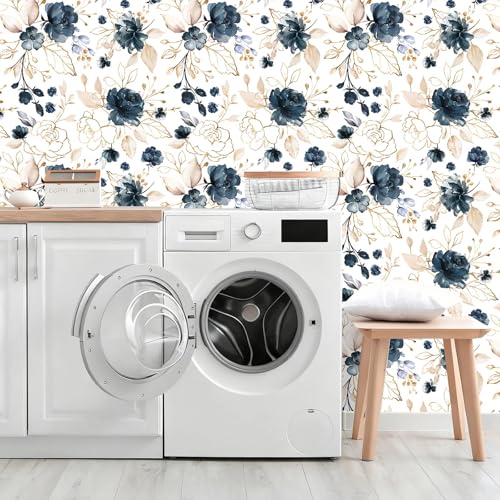 Navy Blue Floral Peel and Stick Wallpaper 17.7"x393.3" - color: Navy Blue/White/Gold/Beige, size: 17.7" x 393.3"