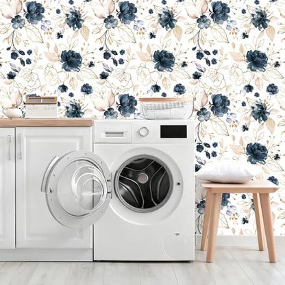 Navy Blue Floral Peel and Stick Wallpaper 17.7"x393.3" - color: Navy Blue/White/Gold/Beige, size: 17.7" x 393.3"
