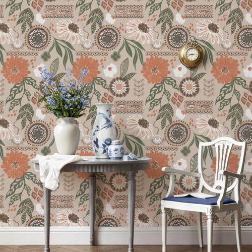 Simon&Siff Boho Sun Floral Retro Peel and Stick Wallpaper 17.3" x 1200" - color: Gray, size: 17.3" x 1200"