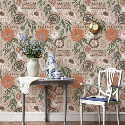 Simon&Siff Boho Sun Floral Retro Peel and Stick Wallpaper 17.3" x 1200" - color: Gray, size: 17.3" x 1200"